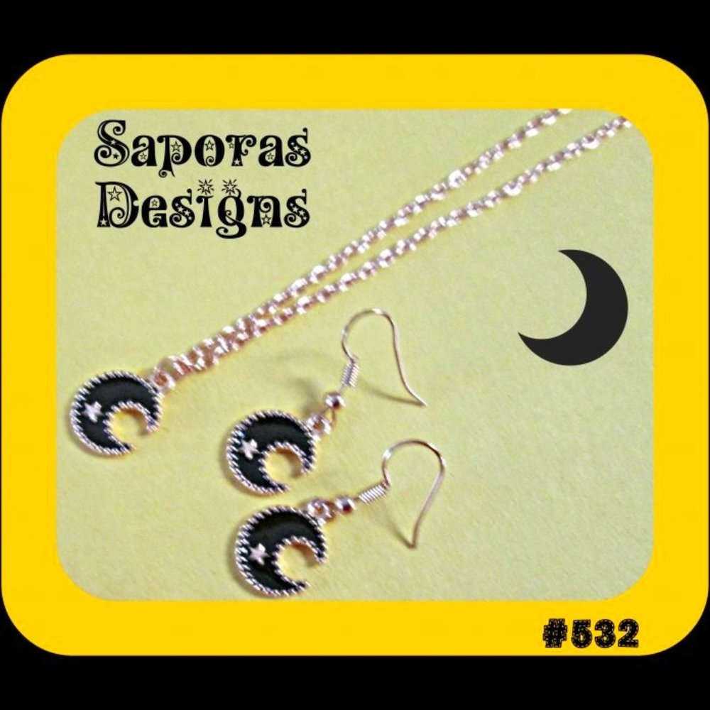 Gold Tone & Black Moon/Star Design Dangle Earrings & Necklace Jewelry Set
